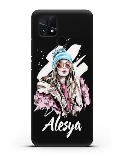 Именной чехол Девушка блондинка в очках и шапке с помпоном силиконовый для Xiaomi Poco C40