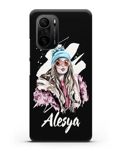 Именной чехол Девушка блондинка в очках и шапке с помпоном силиконовый для Xiaomi Poco F3