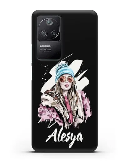 Именной чехол Девушка блондинка в очках и шапке с помпоном силиконовый для Xiaomi Poco F4