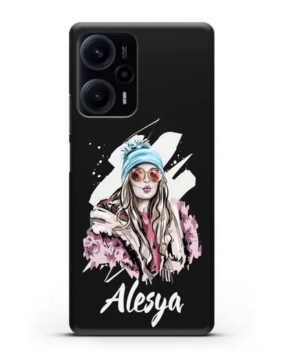 Именной чехол Девушка блондинка в очках и шапке с помпоном силиконовый для Xiaomi Poco F5