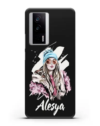 Именной чехол Девушка блондинка в очках и шапке с помпоном силиконовый для Xiaomi Poco F5 Pro