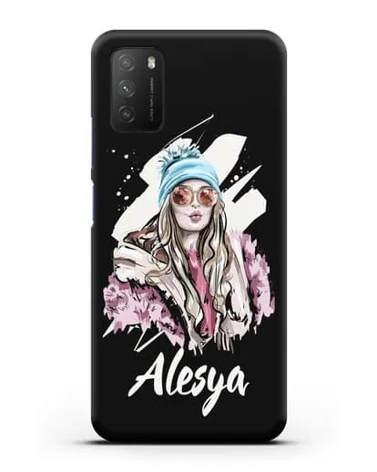 Именной чехол Девушка блондинка в очках и шапке с помпоном силиконовый для Xiaomi Poco M3