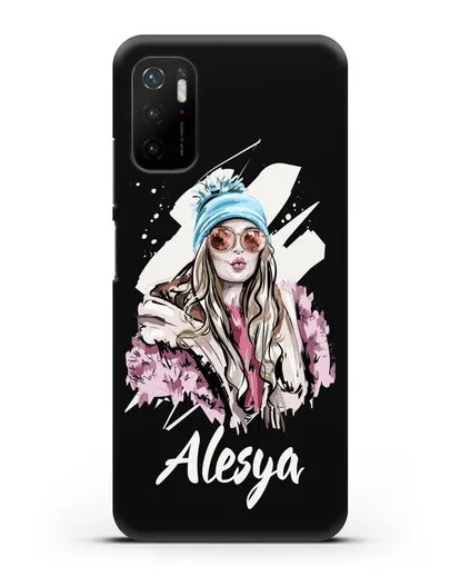 Именной чехол Девушка блондинка в очках и шапке с помпоном силиконовый для Xiaomi Poco M3 Pro