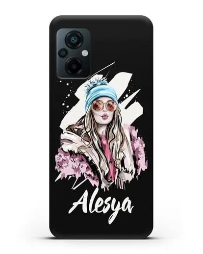 Именной чехол Девушка блондинка в очках и шапке с помпоном силиконовый для Xiaomi Poco M5