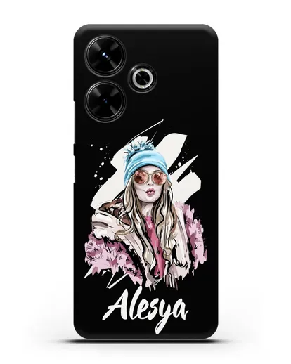 Именной чехол Девушка блондинка в очках и шапке с помпоном силиконовый для Xiaomi Poco M6