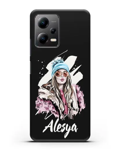 Именной чехол Девушка блондинка в очках и шапке с помпоном силиконовый для Xiaomi Poco X5