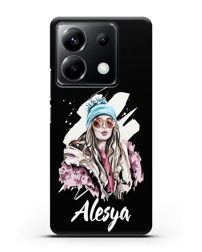 Именной чехол Девушка блондинка в очках и шапке с помпоном силиконовый для Xiaomi Poco X6