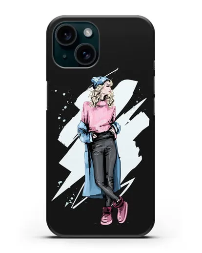 Чехол Девушка блондинка в уггах и пальто силиконовый для iPhone 15