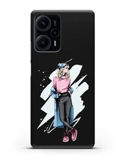 Чехол Девушка блондинка в уггах и пальто силиконовый для Xiaomi Poco F5