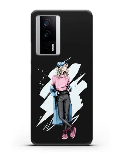 Чехол Девушка блондинка в уггах и пальто силиконовый для Xiaomi Poco F5 Pro