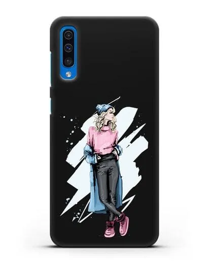 Чехол Девушка блондинка в уггах и пальто силиконовый для Samsung Galaxy A50