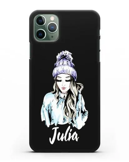 Именной чехол Девушка блондинка в вязанной шапке с помпоном силиконовый для iPhone 11 Pro