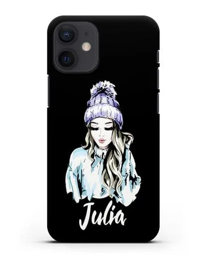 Именной чехол Девушка блондинка в вязанной шапке с помпоном силиконовый для iPhone 12 mini