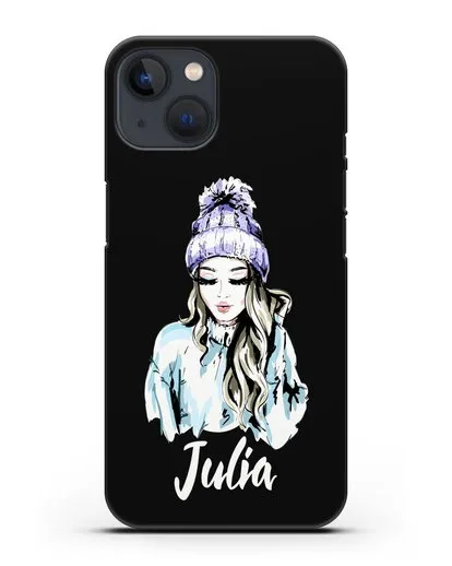 Именной чехол Девушка блондинка в вязанной шапке с помпоном силиконовый для iPhone 13 Mini