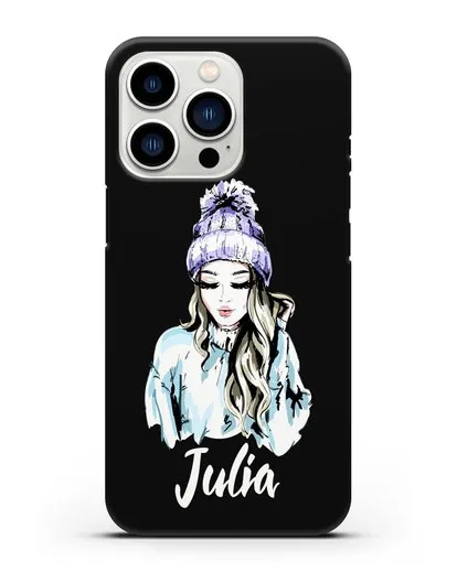 Именной чехол Девушка блондинка в вязанной шапке с помпоном силиконовый для iPhone 13 Pro