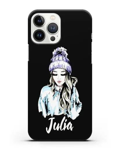 Именной чехол Девушка блондинка в вязанной шапке с помпоном силиконовый для iPhone 13 Pro Max