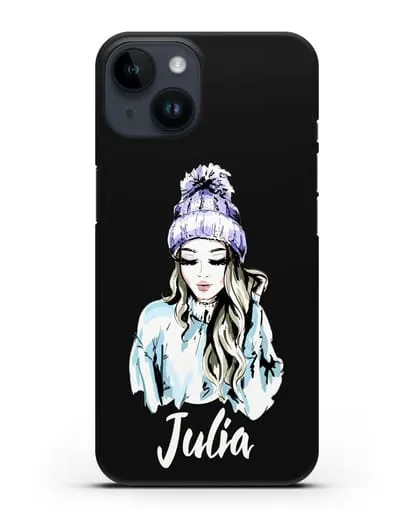 Именной чехол Девушка блондинка в вязанной шапке с помпоном силиконовый для iPhone 14