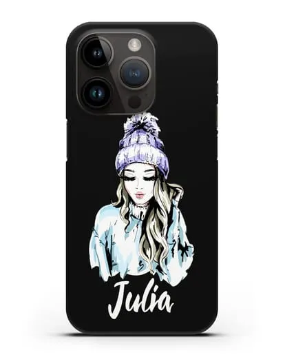 Именной чехол Девушка блондинка в вязанной шапке с помпоном силиконовый для iPhone 14 Pro