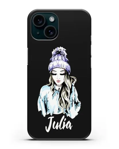 Именной чехол Девушка блондинка в вязанной шапке с помпоном силиконовый для iPhone 15