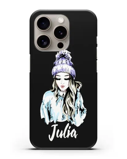 Именной чехол Девушка блондинка в вязанной шапке с помпоном силиконовый для iPhone 15 Pro