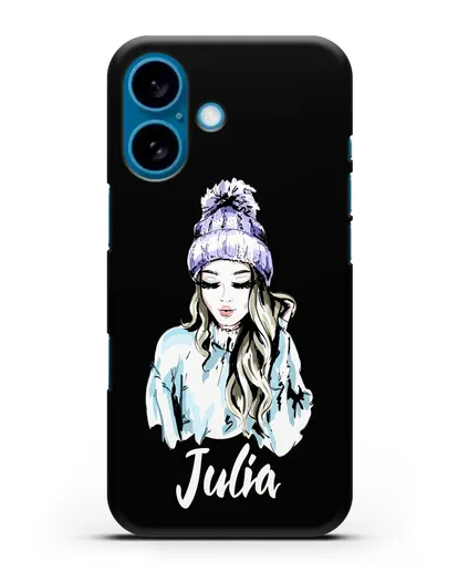 Именной чехол Девушка блондинка в вязанной шапке с помпоном силиконовый для iPhone 16