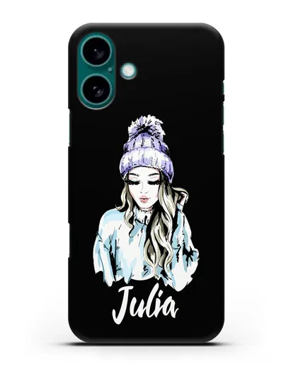 Именной чехол Девушка блондинка в вязанной шапке с помпоном силиконовый для iPhone 16 Plus