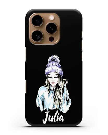 Именной чехол Девушка блондинка в вязанной шапке с помпоном силиконовый для iPhone 16 Pro