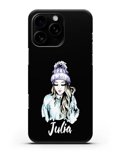 Именной чехол Девушка блондинка в вязанной шапке с помпоном силиконовый для iPhone 16 Pro Max