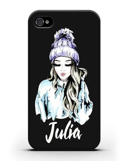 Именной чехол Девушка блондинка в вязанной шапке с помпоном силиконовый для iPhone 4/4s