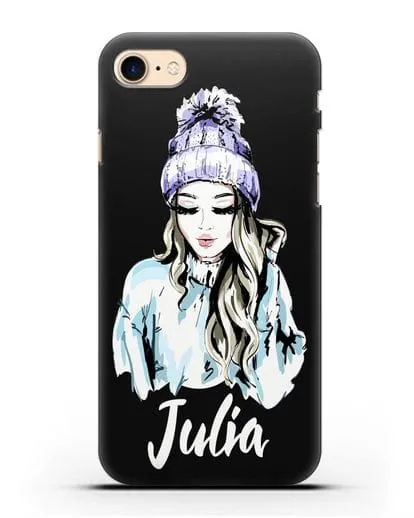 Именной чехол Девушка блондинка в вязанной шапке с помпоном силиконовый для iPhone 8