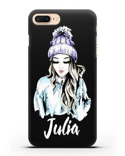 Именной чехол Девушка блондинка в вязанной шапке с помпоном силиконовый для iPhone 7 Plus