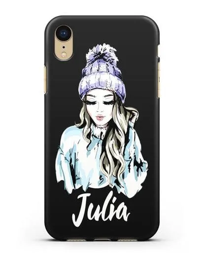 Именной чехол Девушка блондинка в вязанной шапке с помпоном силиконовый для iPhone XR