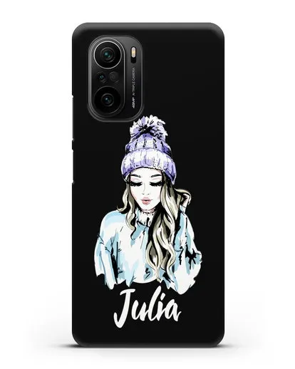 Именной чехол Девушка блондинка в вязанной шапке с помпоном силиконовый для Xiaomi Poco F3