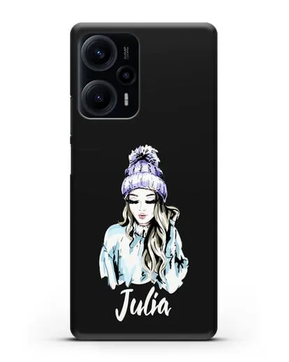 Именной чехол Девушка блондинка в вязанной шапке с помпоном силиконовый для Xiaomi Poco F5