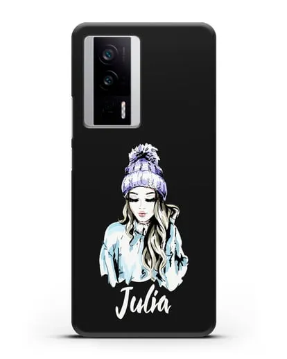 Именной чехол Девушка блондинка в вязанной шапке с помпоном силиконовый для Xiaomi Poco F5 Pro