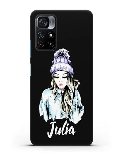 Именной чехол Девушка блондинка в вязанной шапке с помпоном силиконовый для Xiaomi Poco M4 Pro 5G