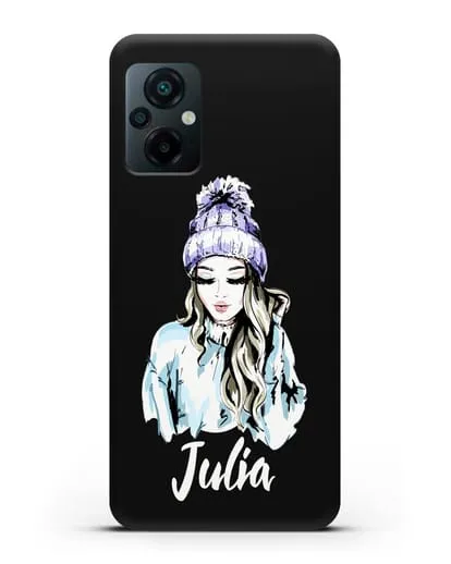 Именной чехол Девушка блондинка в вязанной шапке с помпоном силиконовый для Xiaomi Poco M5