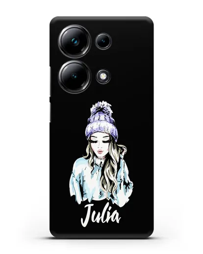 Именной чехол Девушка блондинка в вязанной шапке с помпоном силиконовый для Xiaomi Poco M6 Pro