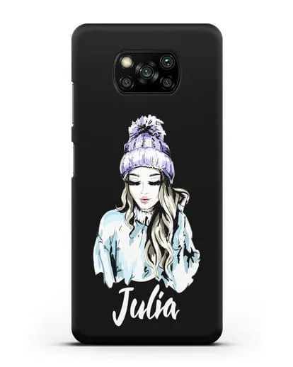 Именной чехол Девушка блондинка в вязанной шапке с помпоном силиконовый для Xiaomi Poco X3