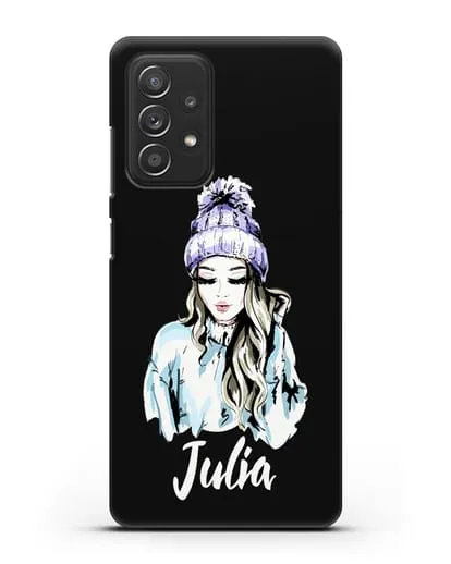 Именной чехол Девушка блондинка в вязанной шапке с помпоном силиконовый для Samsung Galaxy A53