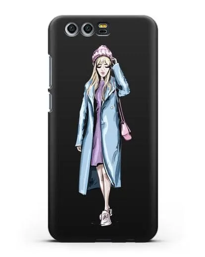 Чехол Девушка блондинка в голубом пальто силиконовый для Honor 9