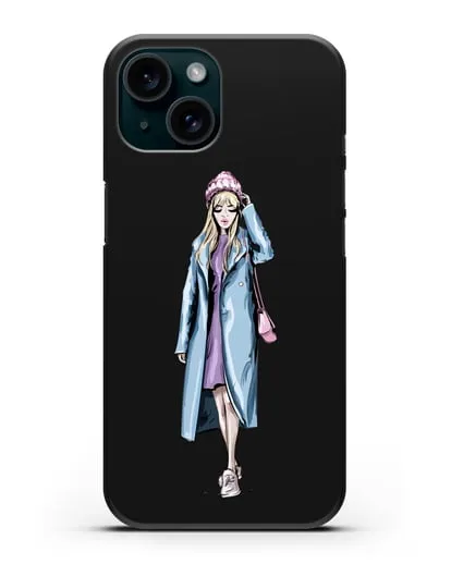 Чехол Девушка блондинка в голубом пальто силиконовый для iPhone 15