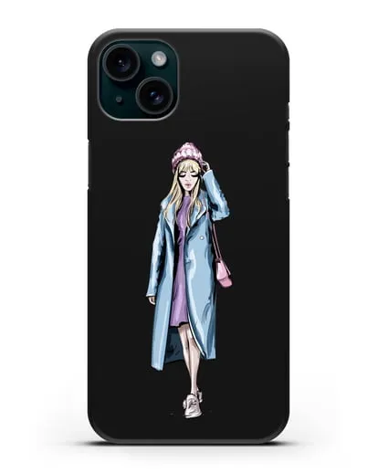 Чехол Девушка блондинка в голубом пальто силиконовый для iPhone 15 Plus