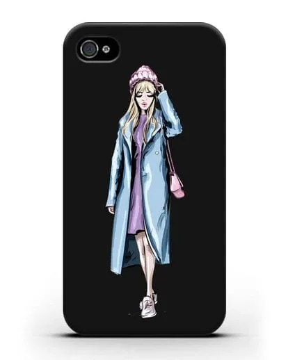 Чехол Девушка блондинка в голубом пальто силиконовый для iPhone 4/4s