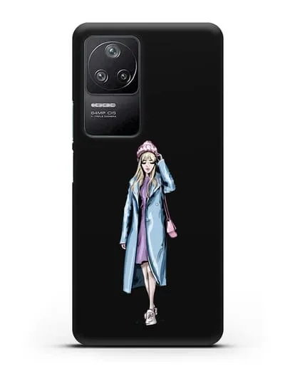 Чехол Девушка блондинка в голубом пальто силиконовый для Xiaomi Poco F4