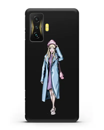 Чехол Девушка блондинка в голубом пальто силиконовый для Xiaomi Poco F4 GT