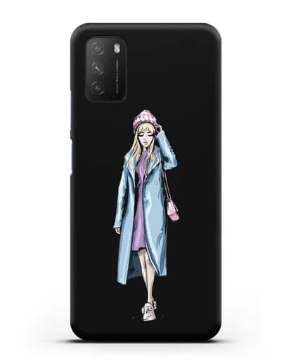 Чехол Девушка блондинка в голубом пальто силиконовый для Xiaomi Poco M3
