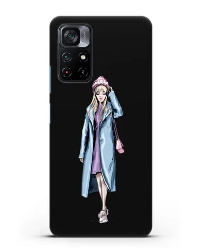 Чехол Девушка блондинка в голубом пальто силиконовый для Xiaomi Poco M4 Pro 5G