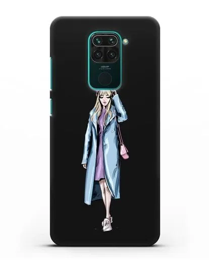 Чехол Девушка блондинка в голубом пальто силиконовый для Xiaomi Redmi Note 9