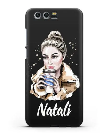 Именной чехол Девушка блондинка с кофе в руках силиконовый для Honor 9
